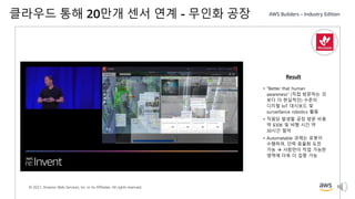 © 2021, Amazon Web Services, Inc. or its Affiliates. All rights reserved.
클라우드 통해 20만개 센서 연계 - 무인화 공장
• “Better that human
awareness” (직접 방문하는 것
보다 더 현실적인) 수준의
디지털 IoT 대시보드 및
surveillance robotics 활용
• 직원당 발생할 공장 방문 비용
약 $30K 및 비행 시간 약
30시간 절약
• Automatable 과제는 로봇이
수행하여, 인력 효율화 도전
가능  사람만이 작업 가능한
영역에 더욱 더 집중 가능
Result
 