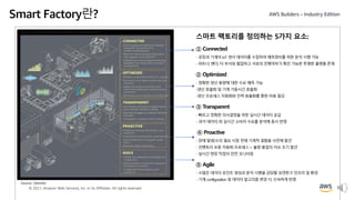 © 2021, Amazon Web Services, Inc. or its Affiliates. All rights reserved.
Smart Factory란?
스마트 팩토리를 정의하는 5가지 요소:
① Connected
- 공장과 기계의 IoT 센서 데이터를 수집하여 예측정비를 위한 분석 시행 가능
- 파트너, 벤더, 타 부서와 협업하고 서로의 진행여부가 확인 가능한 투명한 플랫폼 존재
② Optimized
- 정확한 생산 용량에 대한 수요 예측 가능
-생산 효율화 및 기계 가동시간 효율화
-생산 프로세스 자동화와 인력 효율화를 통한 비용 절감
③ Transparent
- 빠르고 정확한 의사결정을 위한 실시간 데이터 공급
- 과거 데이터 와 실시간 소비자 수요를 분석에 동시 반영
④ Proactive
- 장애 발생/수리 필요 시점 전에 기계적 결함을 사전에 발견
- 인벤토리 보충 자동화 프로세스 + 불량 품질의 이슈 조기 발견
- 실시간 현장 작업자 안전 모니터링
⑤ Agile
- 수많은 데이터 포인트 생성과 분석 시행을 감당할 유연한 IT 인프라 및 환경
- 기계 configuration 및 데이터 알고리즘 변경 시, 신속하게 반영
Source: Deloitte
 
