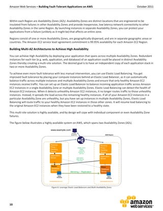 Amazon Web Services – Building Fault-Tolerant Applications on AWS                                              October 2011



Within each Region are Availability Zones (AZs). Availability Zones are distinct locations that are engineered to be
insulated from failures in other Availability Zones and provide inexpensive, low latency network connectivity to other
Availability Zones in the same Region. By launching instances in separate Availability Zones, you can protect your
applications from a failure (unlikely as it might be) that affects an entire zone.

Regions consist of one or more Availability Zones, are geographically dispersed, and are in separate geographic areas or
countries. The Amazon EC2 service level agreement commitment is 99.95% availability for each Amazon EC2 Region.

Building Multi-AZ Architectures to Achieve High Availability

You can achieve High Availability by deploying your application that spans across multiple Availability Zones. Redundant
instances for each tier (e.g. web, application, and database) of an application could be placed in distinct Availability
Zones thereby creating a multi-site solution. The desired goal is to have an independent copy of each application stack in
two or more Availability Zones.

To achieve even more fault tolerance with less manual intervention, you can use Elastic Load Balancing. You get
improved fault tolerance by placing your compute instances behind an Elastic Load Balancer, as it can automatically
balance traffic across multiple instances and multiple Availability Zones and ensure that only healthy Amazon EC2
instances receive traffic. You can set up an Elastic Load Balancer to balance incoming application traffic across Amazon
EC2 instances in a single Availability Zone or multiple Availability Zones. Elastic Load Balancing can detect the health of
Amazon EC2 instances. When it detects unhealthy Amazon EC2 instances, it no longer routes traffic to those unhealthy
instances. Instead, it spreads the load across the remaining healthy instances. If all of your Amazon EC2 instances in a
particular Availability Zone are unhealthy, but you have set up instances in multiple Availability Zones, Elastic Load
Balancing will route traffic to your healthy Amazon EC2 instances in those other zones. It will resume load balancing to
the original Amazon EC2 instances when they have been restored to a healthy state.

This multi-site solution is highly available, and by design will cope with individual component or even Availability Zone
failures.

The figure below illustrates a highly available system on AWS, which spans two Availability Zones (AZs).




                                    Figure 6: Leverage Elastic Load Balancers and Multi-Availability Zones




10
 
