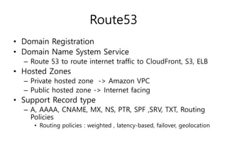 Route53
• Domain Registration
• Domain Name System Service
– Route 53 to route internet traffic to CloudFront, S3, ELB
• Hosted Zones
– Private hosted zone -> Amazon VPC
– Public hosted zone -> Internet facing
• Support Record type
– A, AAAA, CNAME, MX, NS, PTR, SPF ,SRV, TXT, Routing
Policies
• Routing policies : weighted , latency-based, failover, geolocation
 