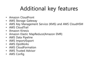 Additional key features
• Amazon CloudFront
• AWS Storage Gateway
• AWS Key Management Service (KMS) and AWS CloudHSM
• AWS CloudTrail
• Amazon Kinesis
• Amazon Elastic MapReduce(Amazon EMR)
• AWS Data Pipeline
• AWS Import/Export
• AWS OpsWorks
• AWS CloudFormation
• AWS Trusted Advisor
• AWS Config
 