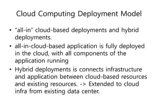 Cloud Computing Deployment Model
• “all-in” cloud-based deployments and hybrid
deployments.
• all-in-cloud-based application is fully deployed
in the cloud, with all components of the
application running
• Hybrid deployments is connects infrastructure
and application between cloud-based resources
and existing resources. -> Extended to cloud
infra from existing data center.
 