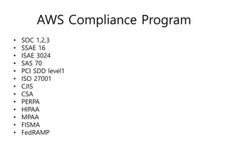 AWS Compliance Program
• SOC 1,2,3
• SSAE 16
• ISAE 3024
• SAS 70
• PCI SDD level1
• ISO 27001
• CJIS
• CSA
• PERPA
• HIPAA
• MPAA
• FISMA
• FedRAMP
 