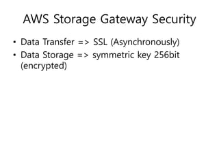 AWS Storage Gateway Security
• Data Transfer => SSL (Asynchronously)
• Data Storage => symmetric key 256bit
(encrypted)
 