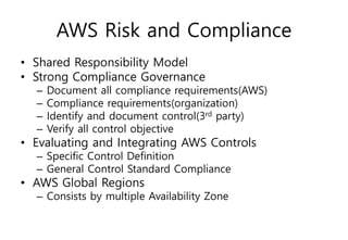AWS Risk and Compliance
• Shared Responsibility Model
• Strong Compliance Governance
– Document all compliance requirements(AWS)
– Compliance requirements(organization)
– Identify and document control(3rd party)
– Verify all control objective
• Evaluating and Integrating AWS Controls
– Specific Control Definition
– General Control Standard Compliance
• AWS Global Regions
– Consists by multiple Availability Zone
 