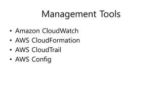 Management Tools
• Amazon CloudWatch
• AWS CloudFormation
• AWS CloudTrail
• AWS Config
 