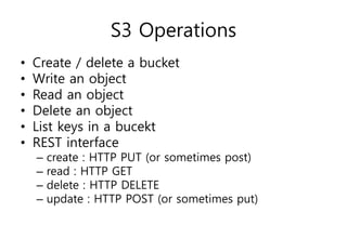 S3 Operations
• Create / delete a bucket
• Write an object
• Read an object
• Delete an object
• List keys in a bucekt
• REST interface
– create : HTTP PUT (or sometimes post)
– read : HTTP GET
– delete : HTTP DELETE
– update : HTTP POST (or sometimes put)
 