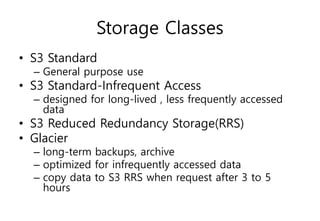 Storage Classes
• S3 Standard
– General purpose use
• S3 Standard-Infrequent Access
– designed for long-lived , less frequently accessed
data
• S3 Reduced Redundancy Storage(RRS)
• Glacier
– long-term backups, archive
– optimized for infrequently accessed data
– copy data to S3 RRS when request after 3 to 5
hours
 