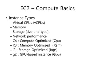 EC2 – Compute Basics
• Instance Types
– Virtual CPUs (vCPUs)
– Memory
– Storage (size and type)
– Network performance
– C4 : Compute Optimized (Cpu)
– R3 : Memory Optimized (Ram)
– i2 : Storage Optimized (Iops)
– g2 : GPU-based instance (Gpu)
 