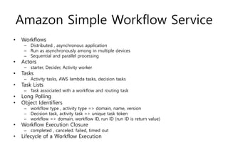 Amazon Simple Workflow Service
• Workflows
– Distributed , asynchronous application
– Run as asynchronously among in multiple devices
– Sequential and parallel processing
• Actors
– starter, Decider, Activity worker
• Tasks
– Activity tasks, AWS lambda tasks, decision tasks
• Task Lists
– Task associated with a workflow and routing task
• Long Polling
• Object Identifiers
– workflow type , activity type => domain, name, version
– Decision task, activity task => unique task token
– workflow => domain, workflow ID, run ID (run ID is return value)
• Workflow Execution Closure
– completed , canceled. failed, timed out
• Lifecycle of a Workflow Execution
 