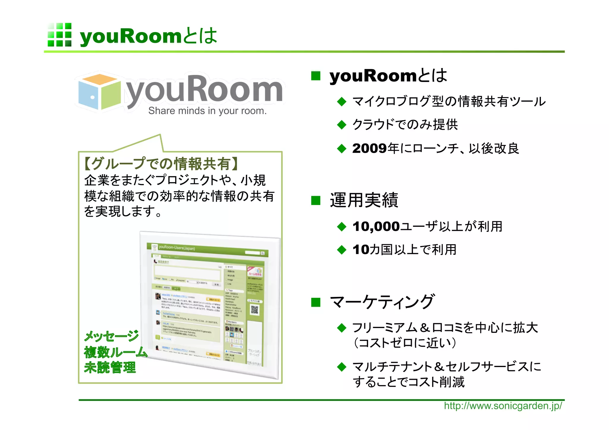 youRoom            	
                                    youRoom
                                        
    Share minds in your room.	
                                        

                                         2009



                                   
                                         10,000
                                         10



                                   
                                        


                                        


                                                   http://www.sonicgarden.jp/
 