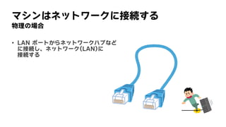 マシンはネットワークに接続する
物理の場合
• LAN	ポートからネットワークハブなど
 
に接続し、ネットワーク(LAN)に
 
接続する
 