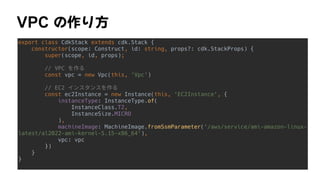 VPC	の作り方
export class CdkStack extends cdk.Stack {


constructor(scope: Construct, id: string, props?: cdk.StackProps) {


super(scope, id, props);


// VPC を作る


const vpc = new Vpc(this, 'Vpc')


// EC2 インスタンスを作る


const ec2Instance = new Instance(this, 'EC2Instance', {


instanceType: InstanceType.of(


InstanceClass.T2,


InstanceSize.MICRO


),


machineImage: MachineImage.fromSsmParameter('/aws/service/ami-amazon-linux-
latest/al2022-ami-kernel-5.15-x86_64'),


vpc: vpc


})


}


}


 