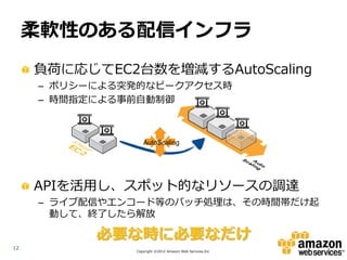 柔軟性のある配信インフラ
     負荷に応じてEC2台数を増減するAutoScaling
     – ポリシーによる突発的なピークアクセス時
     – 時間指定による事前自動制御



                  AutoScaling




     APIを活用し、スポット的なリソースの調達
     – ライブ配信やエンコード等のバッチ処理は、その時間帯だけ起
       動して、終了したら解放

           必要な時に必要なだけ
12
               Copyright ©2012 Amazon Web Services.Inc
 