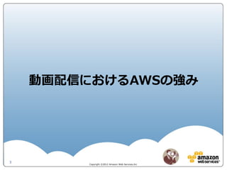 動画配信におけるAWSの強み




3
         Copyright ©2012 Amazon Web Services.Inc
 