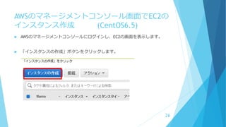 AWSのマネージメントコンソール画面でEC2の
インスタンス作成 (CentOS6.5)
 AWSのマネージメントコンソールにログインし、EC2の画面を表示します。
 「インスタンスの作成」ボタンをクリックします。
26
 