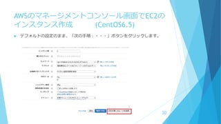 AWSのマネージメントコンソール画面でEC2の
インスタンス作成 (CentOS6.5)
 デフォルトの設定のまま、「次の手順：・・・」ボタンをクリックします。
30
 