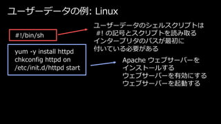 ユーザーデータの例: Linux
#!/bin/sh
yum -y install httpd
chkconfig httpd on
/etc/init.d/httpd start
ユーザーデータのシェルスクリプトは
#! の記号とスクリプトを...