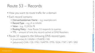 © Stephane Maarek
NOT
FOR
DISTRIBUTION
©
Stephane
Maarek
www.datacumulus.com
Route 53 – Records
• How you want to route tr...