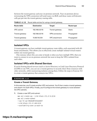 Hybrid Cloud Networking 117
between the transit gateway and your on-premises network. Your on-premises device
terminating the VPN connection will send routes via BGP, and those routes will dynami-
cally get put into the transit gateway routing table.
Isolated VPCs
A transit gateway can have multiple transit gateway route tables, each associated with dif-
ferent attachments. This allows you to effectively create multiple isolated virtual routers
within one transit gateway.
One instance where this can come in handy is when you have multiple VPCs that you
want to connect to an on-premises network but want to keep the VPCs isolated from
each other.
Isolated VPCs with Shared Services
If you’re hosting shared services (such as Active Directory or Link Layer Discovery Protocol
[LLDP]) in one VPC, you can use a transit gateway to securely share those resources with
other networks, while maintaining isolation among them. Follow the steps in Exercise 4.8
to create a transit gateway that connects two VPCs.
E X E R C I S E 4 . 8
Create a Transit Gateway
In this exercise, you’ll create another VPC and subnet. You’ll then create a transit gateway
and attach it to both VPCs. Finally, you’ll configure the transit gateway to route between
the VPC subnets.
1. Create a new VPC and subnet:
aws ec2 create-vpc --cidr-block 172.17.0.0/16
aws ec2 create-subnet
--vpc-id vpc-08edadb7e52eedd37
--cidr-block 172.17.100.0/24
--availability-zone us-east-1b
TA B L E 4 .12 Route table entries for using a transit gateway
Route table Destination Target Route type
VPC subnet 192.168.0.0/16 Transit gateway Static
Transit gateway 192.168.0.0/16 VPN connection Propagated
Transit gateway 10.98.76.0/24 VPC attachment Propagated
https://t.me/learningnets
 