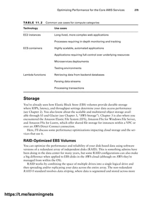 Optimizing Performance for the Core AWS Services 279
Storage
You’ve already seen how Elastic Block Store (EBS) volumes provide durable storage
where IOPS, latency, and throughput settings determine your data access performance
(see Chapter 2). You also know about the scalable and multitiered object storage avail-
able through S3 and Glacier (see Chapter 3, “AWS Storage”). Chapter 3 is also where you
encountered the Amazon Elastic File System (EFS), Amazon FSx for Windows File Server,
and Amazon FSx for Lustre, which offer shared file storage for instances within a VPC or
over an AWS Direct Connect connection.
Here, I’ll discuss some performance optimizations impacting cloud storage and the ser-
vices that use it.
RAID-Optimized EBS Volumes
You can optimize the performance and reliability of your disk-based data using software
versions of a redundant array of independent disks (RAID). This is something admins have
been doing in the data center for many years, but some RAID configurations can also make
a big difference when applied to EBS disks in the AWS cloud (although on AWS they’re
managed from within the OS).
RAID works by combining the space of multiple drives into a single logical drive and
then spreading and/or replicating your data across the entire array. The non-redundant
RAID 0 standard involves data striping, where data is segmented and stored across more
TA B L E 11. 2 Common use cases for compute categories
Technology Use cases
EC2 instances Long-lived, more complex web applications
Processes requiring in-depth monitoring and tracking
ECS containers Highly scalable, automated applications
Applications requiring full control over underlying resources
Microservices deployments
Testing environments
Lambda functions Retrieving data from backend databases
Parsing data streams
Processing transactions
https://t.me/learningnets
 