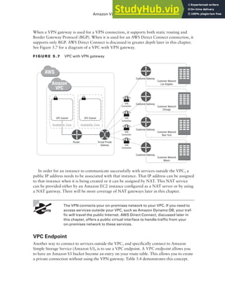 Amazon Virtual Private Cloud (Amazon VPC) 161
When a VPN gateway is used for a VPN connection, it supports both static routing and
Border Gateway Protocol (BGP). When it is used for an AWS Direct Connect connection, it
supports only BGP. AWS Direct Connect is discussed in greater depth later in this chapter.
See Figure 5.7 for a diagram of a VPC with VPN gateway.
f I G u R E 5 .7 VPC with VPN gateway
Customer Gateway
Customer Network
Los Angeles
Customer Gateway
VPC Subnet
Customer Network
Chicago
Customer Gateway
Customer Network
New York
Customer Gateway
Router
Customer Network
Miami
AWS
Amazon
VPC
VPC Subnet
VPN
Connection
VPN
Connection
VPN
Connection
VPN
Connection
Availability Zone Availability Zone
Virtual Private
Gateway
In order for an instance to communicate successfully with services outside the VPC, a
public IP address needs to be associated with that instance. That IP address can be assigned
to that instance when it is being created or it can be assigned by NAT. This NAT service
can be provided either by an Amazon EC2 instance configured as a NAT server or by using
a NAT gateway. There will be more coverage of NAT gateways later in this chapter.
The VPN connects your on-premises network to your VPC. If you need to
access services outside your VPC, such as Amazon Dynamo DB, your traf-
fic will travel the public Internet. AWS Direct Connect, discussed later in
this chapter, offers a public virtual interface to handle traffic from your
on-premises network to these services.
VPC Endpoint
Another way to connect to services outside the VPC, and specifically connect to Amazon
Simple Storage Service (Amazon S3), is to use a VPC endpoint. A VPC endpoint allows you
to have an Amazon S3 bucket become an entry on your route table. This allows you to create
a private connection without using the VPN gateway. Table 5.4 demonstrates this concept.
 