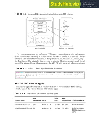 Block Storage on AWS 213
f I G u R E 6 . 3 AWS CLI with a rejected volume attachment
Amazon EBS Volume Types
There are five types of Amazon EBS volumes that can be provisioned as of this writing.
Table 6.1 details the various Amazon EBS volume types.
TA b l E 6 .1 The Various Amazon EBS Volume Types
Volume Type
API
Reference Sizes
Max
IOPS*
Max
Throughput Price (us-east-1)
General Purpose SSD gp2 1 GB–16 TB 10,000 160 MB/s $.10/GB-month
Provisioned IOPS SSD io1 4 GB–16 TB 20,000 320 MB/s $.125/GB-month
$.065/provisioned
IOPS
f I G u R E 6 . 2 Amazon EC2 instance with attached Amazon EBS volumes
ephemeral0 ephemeral1 ephemeral2
Instance Store
Amazon EC2 Instance
/dev/sda1
/dev/sdh
Block
Device
Mapping
/dev/sdj
vol-xxxxxxxx
Root Device Volume
vol-xxxxxxxx
vol-xxxxxxxx
/dev/sdb
Host Computer Amazon EBS Volumes
ephemeral3
For example, an account has an Amazon EC2 instance running in us-west-2a and two unat-
tached volumes: One is running in us-west-2a, and the other is running in us-west-2b. Only the
volume in -2a is allowed to be mounted. If the operator is in the Amazon EBS Console, only
the -2a volume will be selectable. If the operator is using the API, the attempt to attach the vol-
ume will be rejected. Figure 6.3 demonstrates the AWS CLI with a rejected volume attachment.
 