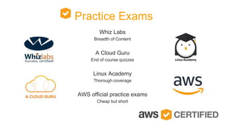 Practice Exams
Whiz Labs
Breadth of Content
A Cloud Guru
End of course quizzes
Linux Academy
Thorough coverage
AWS official practice exams
Cheap but short
 