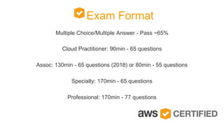 Multiple Choice/Multiple Answer - Pass ~65%
Cloud Practitioner: 90min - 65 questions
Assoc: 130min - 65 questions (2018) or 80min - 55 questions
Specialty: 170min - 65 questions
Professional: 170min - 77 questions
Exam Format
 