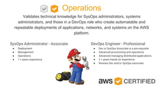 Operations
Validates technical knowledge for SysOps administrators, systems
administrators, and those in a DevOps role who create automatable and
repeatable deployments of applications, networks, and systems on the AWS
platform.
SysOps Administrator - Associate
● Deployment
● Management
● Operations
● 1 + years experience
DevOps Engineer - Professional
● Dev or SysOps Associate is a pre-requisite
● Advanced provisioning and operations
● Advanced managing distributed applications
● 2 + years hands on experience
● Renews Dev and/or SysOps associate
 