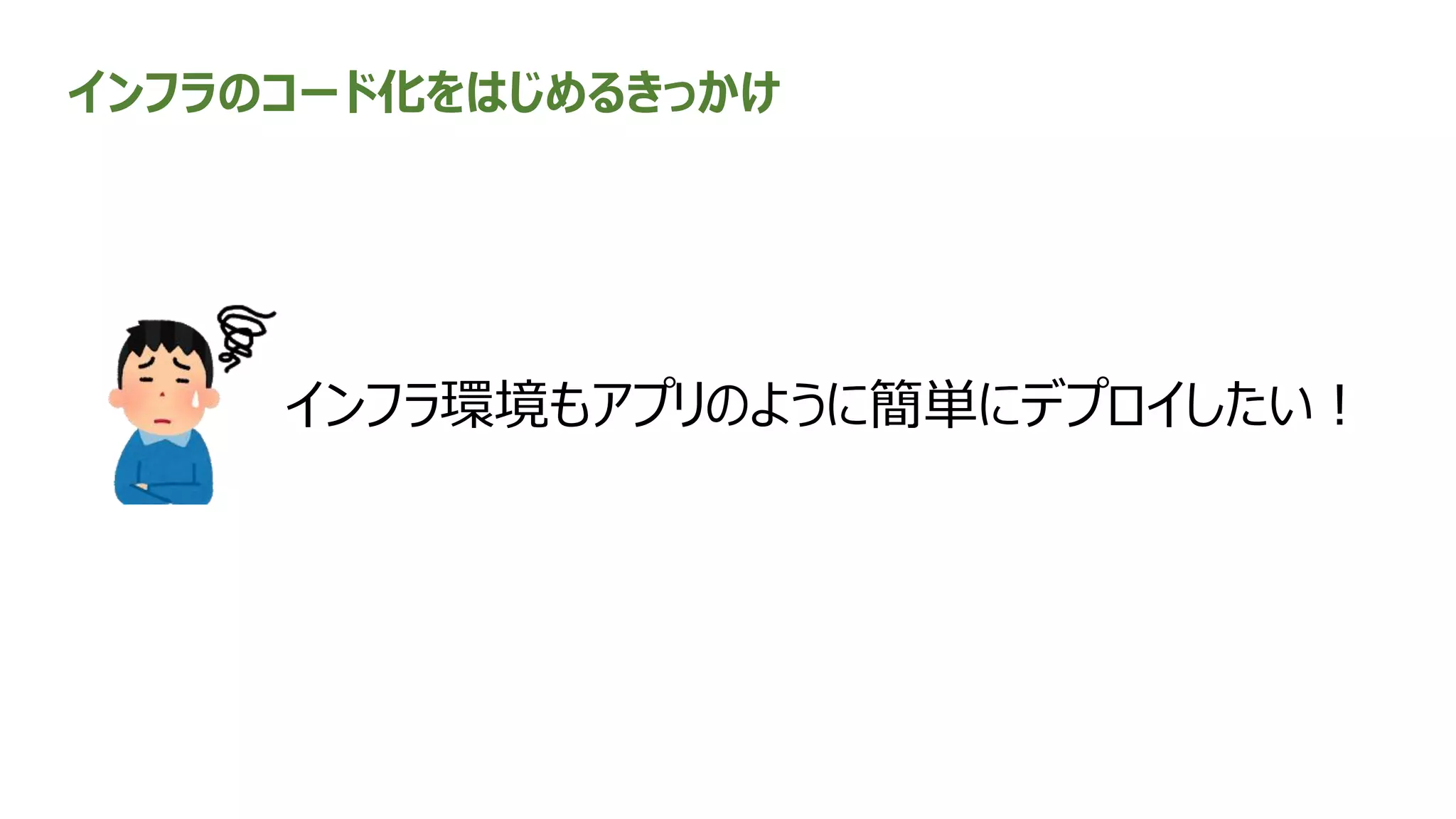インフラのコード化をはじめるきっかけ
インフラ環境もアプリのように簡単にデプロイしたい！
 
