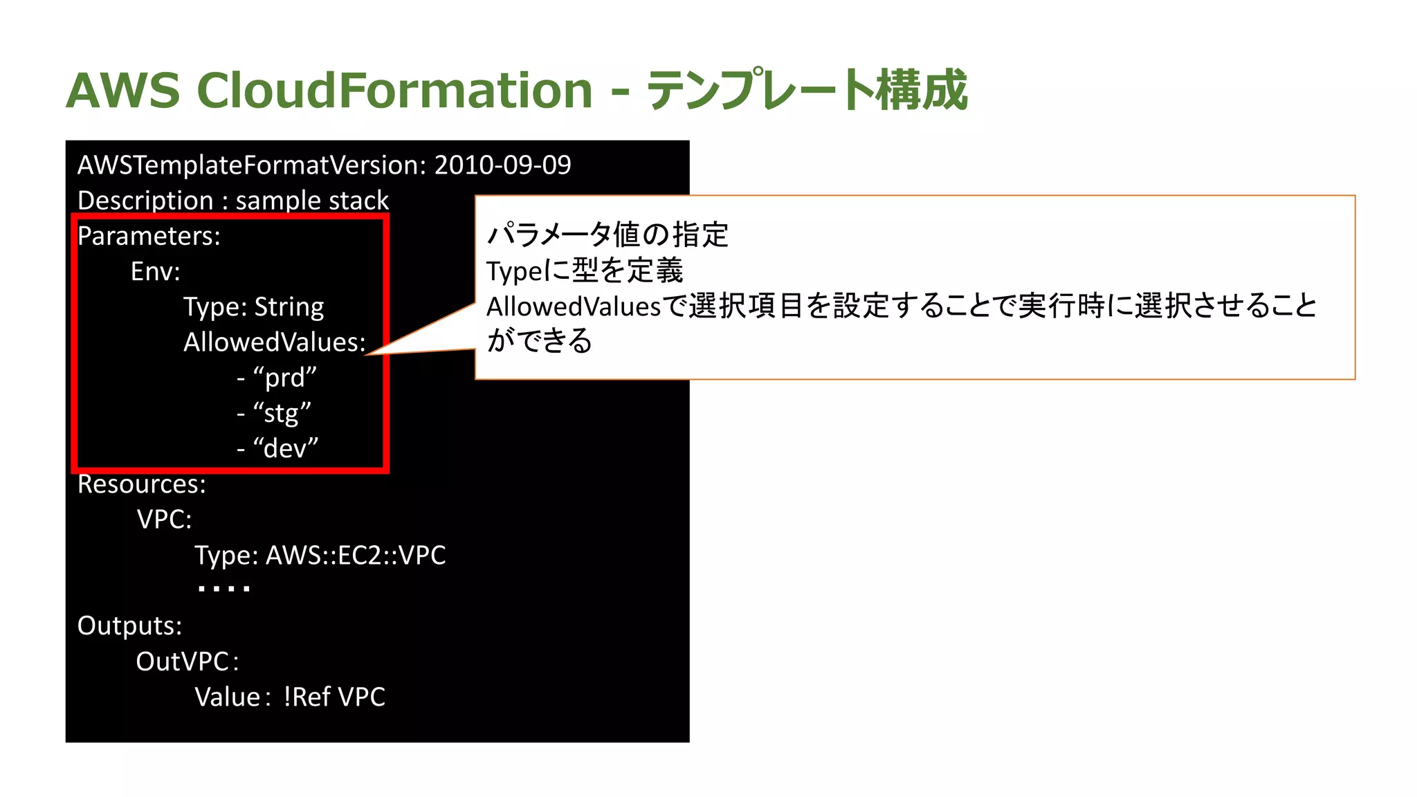 AWS CloudFormation - テンプレート構成
AWSTemplateFormatVersion: 2010-09-09
Description : sample stack
Parameters:
Env:
Type: String
AllowedValues:
- “prd”
- “stg”
- “dev”
Resources:
VPC:
Type: AWS::EC2::VPC
・・・・
Outputs:
OutVPC：
Value： !Ref VPC
パラメータ値の指定
Typeに型を定義
AllowedValuesで選択項目を設定することで実行時に選択させること
ができる
 