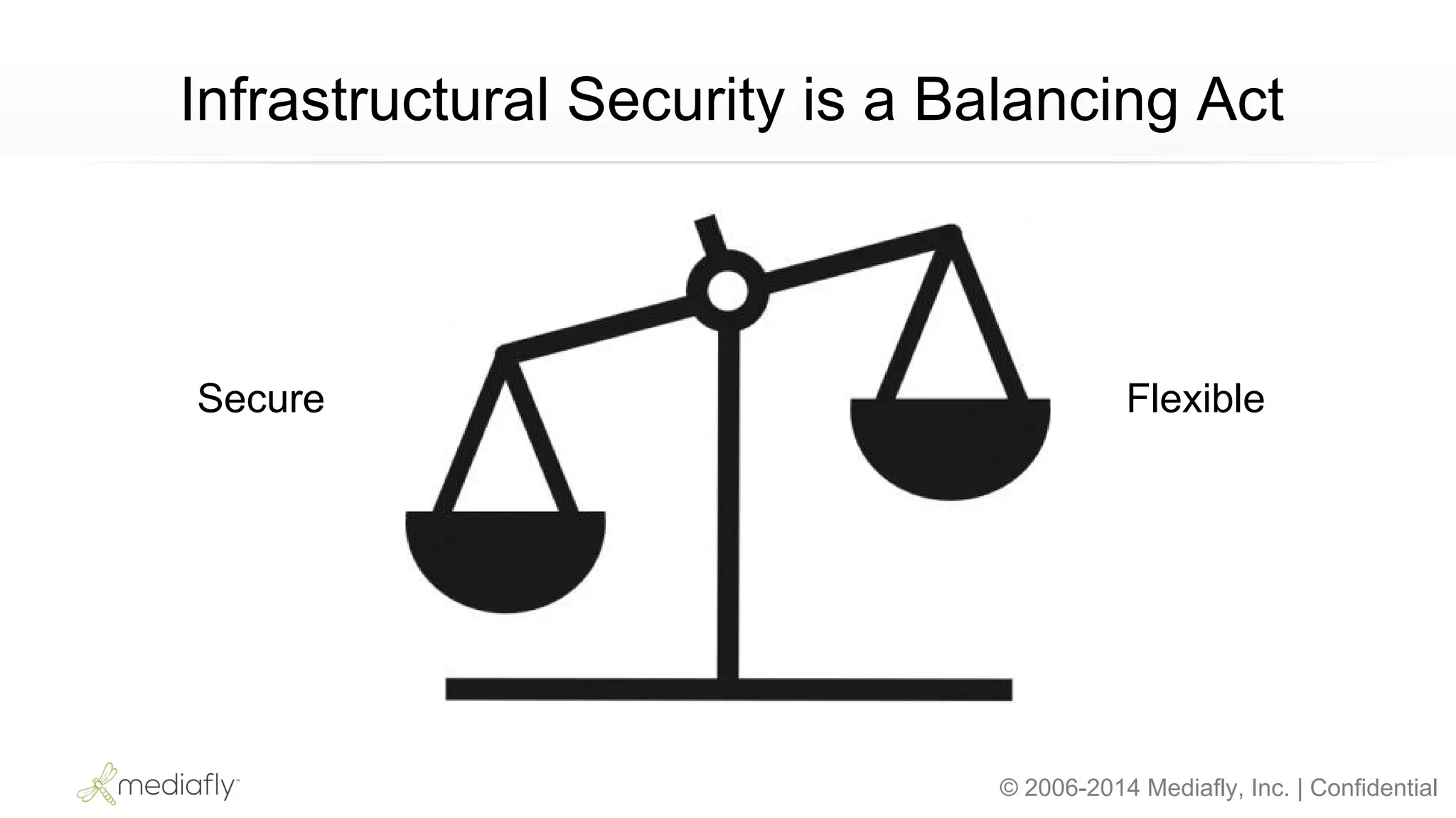 © 2006-2014 Mediafly, Inc. | Confidential
Infrastructural Security is a Balancing Act
Secure Flexible
 