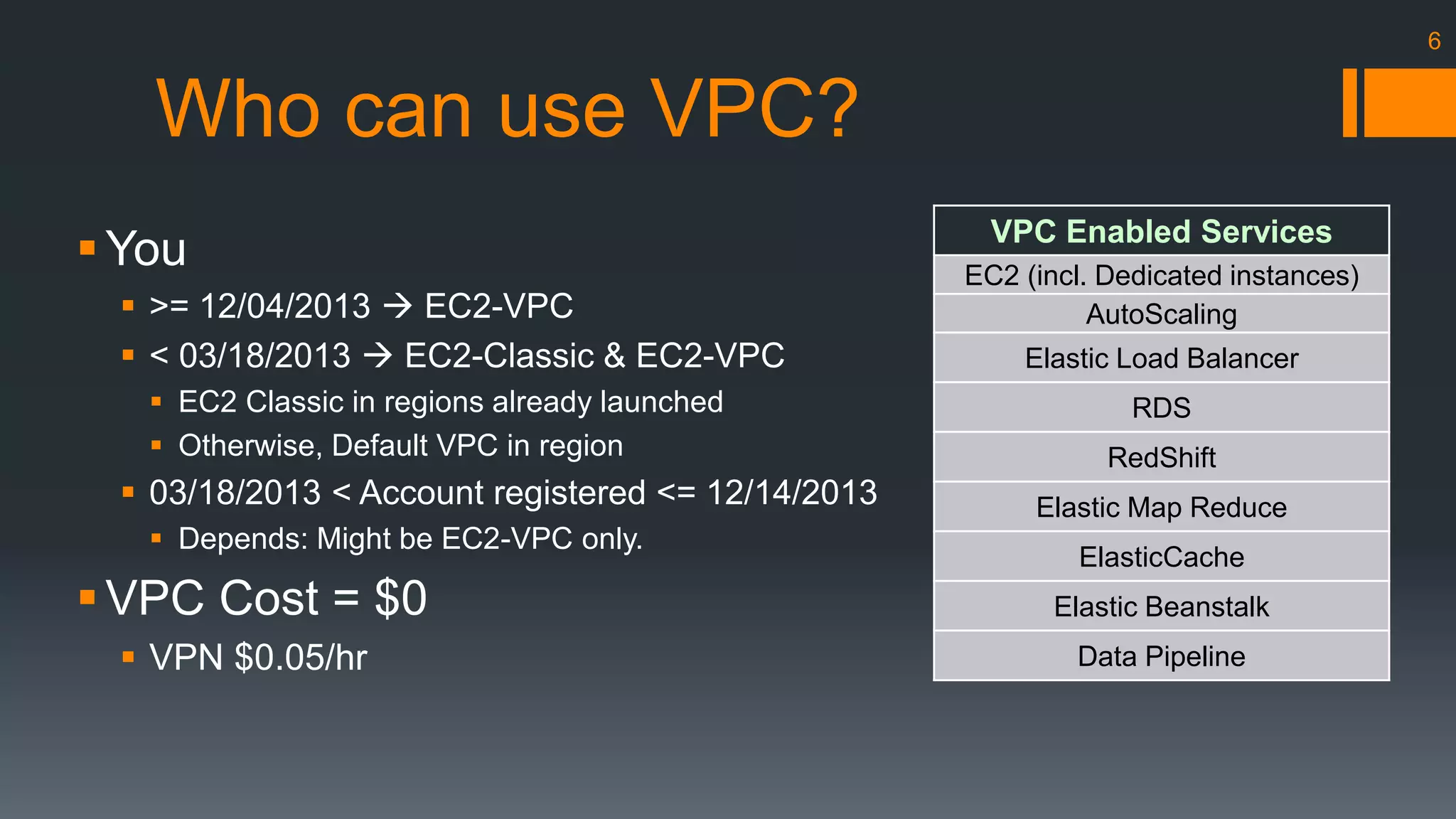 Who can use VPC? 
You 
 >= 12/04/2013  EC2-VPC 
 < 03/18/2013  EC2-Classic & EC2-VPC 
 EC2 Classic in regions already launched 
 Otherwise, Default VPC in region 
 03/18/2013 < Account registered <= 12/14/2013 
 Depends: Might be EC2-VPC only. 
VPC Cost = $0 
 VPN $0.05/hr 
VPC Enabled Services 
EC2 (incl. Dedicated instances) 
AutoScaling 
Elastic Load Balancer 
RDS 
RedShift 
Elastic Map Reduce 
ElasticCache 
Elastic Beanstalk 
Data Pipeline 
6 
 