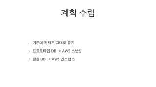 계획 수립
• 기존의 정책은 그대로 유지
• 프로토타입 DB -> AWS 스냅샷
• 클론 DB -> AWS 인스턴스
 