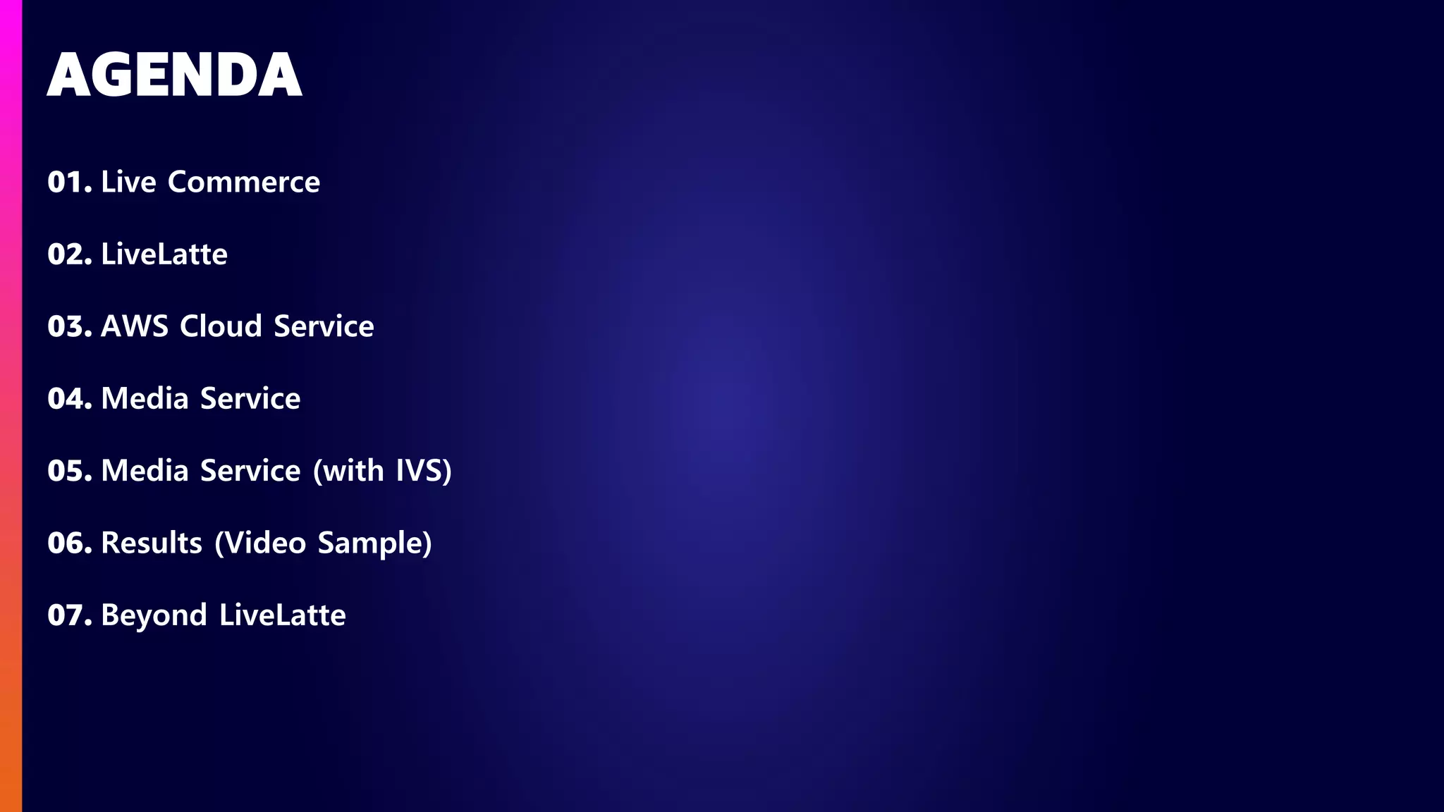 01. Live Commerce
02. LiveLatte
03. AWS Cloud Service
04. Media Service
05. Media Service (with IVS)
06. Results (Video Sample)
07. Beyond LiveLatte
AGENDA
 