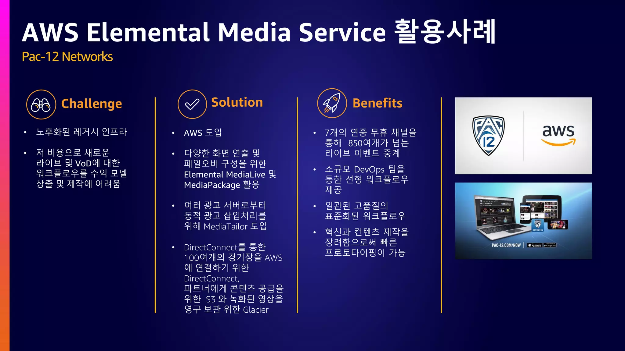 Pac-12 Networks
AWS Elemental Media Service 활용사례
• 노후화된 레거시 인프라
• 저 비용으로 새로운
라이브 및 VoD에 대한
워크플로우를 수익 모델
창출 및 제작에 어려움
• AWS 도입
• 다양한 화면 연출 및
페일오버 구성을 위한
Elemental MediaLive 및
MediaPackage 활용
• 여러 광고 서버로부터
동적 광고 삽입처리를
위해 MediaTailor 도입
• DirectConnect를 통한
100여개의 경기장을 AWS
에 연결하기 위한
DirectConnect,
파트너에게 콘텐츠 공급을
위한 S3 와 녹화된 영상을
영구 보관 위한 Glacier
• 7개의 연중 무휴 채널을
통해 850여개가 넘는
라이브 이벤트 중계
• 소규모 DevOps 팀을
통한 선형 워크플로우
제공
• 일관된 고품질의
표준화된 워크플로우
• 혁신과 컨텐츠 제작을
장려함으로써 빠른
프로토타이핑이 가능
 