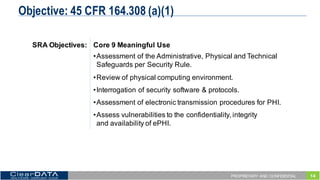 14PROPRIETARY AND CONFIDENTIAL
Objective: 45 CFR 164.308 (a)(1)
SRA  Objectives: Core  9  Meaningful  Use
•Assessment  of  the  Administrative,  Physical  and  Technical  
Safeguards  per  Security  Rule.
•Review  of  physical  computing  environment.
•Interrogation  of  security  software  &  protocols.
•Assessment  of  electronic  transmission  procedures  for  PHI.  
•Assess  vulnerabilities  to  the  confidentiality,  integrity                
and  availability  of  ePHI.
 
