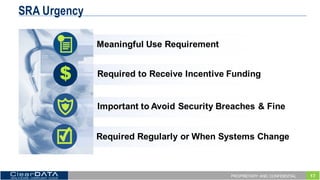 17PROPRIETARY AND CONFIDENTIAL
SRA Urgency
$
Important  to  Avoid  Security  Breaches  &  Fine
Required  to  Receive  Incentive  Funding
Meaningful  Use  Requirement
Required  Regularly  or  When  Systems  Change
 