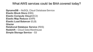 What  AWS  services  could  be  BAA  covered  today?
DynamoDB – NoSQL Cloud Database Service
Elastic Block Store (EBS)
Elastic Compute Cloud (EC2)
Elastic Map Reduce (EMR)
Elastic Load Balancer (ELB)
Glacier
Relational Database Service (RDS)
Redshift – Cloud Data Warehouse
Simple Storage Service - S3
 