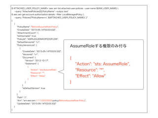 AWS CLIでGetFederationToken
（コマンド）
$ FED_USER=feduser
$ POLICY_FILE=policy.json
$ aws sts get-federation-token 
--name ${FED_USER} 
--policy ﬁle://./${POLICY_FILE}
ポリシーを定義したjson
は事前に作成しておく
 