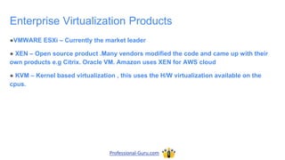 Enterprise Virtualization Products
●VMWARE ESXi – Currently the market leader
● XEN – Open source product .Many vendors modified the code and came up with their
own products e.g Citrix. Oracle VM. Amazon uses XEN for AWS cloud
● KVM – Kernel based virtualization , this uses the H/W virtualization available on the
cpus.
Professional-Guru.com
 