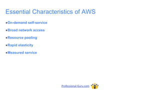 Essential Characteristics of AWS
●On-demand self-service
●Broad network access
●Resource pooling
●Rapid elasticity
●Measured service
Professional-Guru.com
 