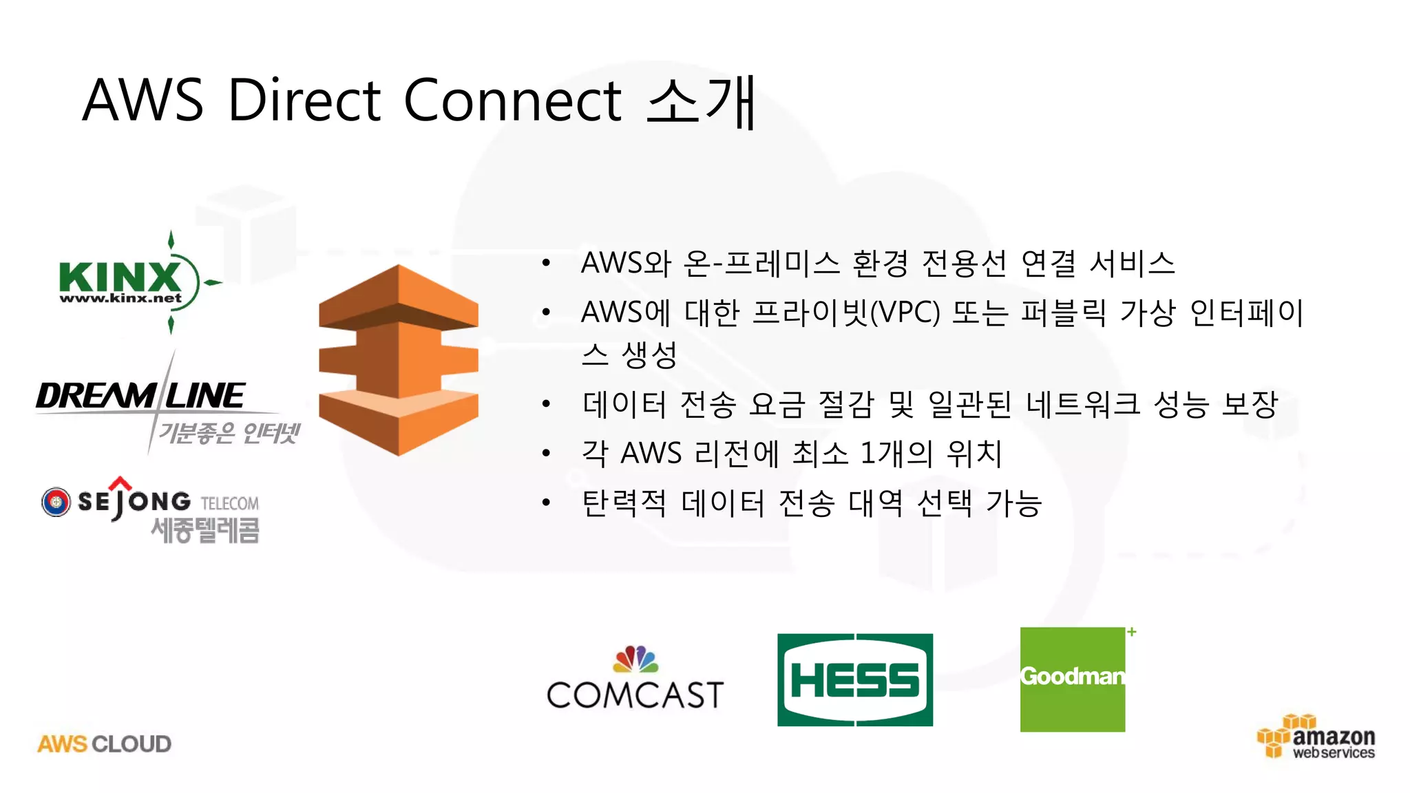 AWS Direct Connect 소개
• AWS와 온-프레미스 환경 전용선 연결 서비스
• AWS에 대한 프라이빗(VPC) 또는 퍼블릭 가상 인터페이
스 생성
• 데이터 전송 요금 절감 및 일관된 네트워크 성능 보장
• 각 AWS 리전에 최소 1개의 위치
• 탄력적 데이터 전송 대역 선택 가능
 