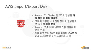 AWS Import/Export Disk
• Amazon S3, Glacier 및 EBS로 양방향 대
량 데이터 이동 가속화
• 고객이 소유한 스토리지 장치로 양방향으
로 직접 데이터 전송
• Amazon 고속 내부 네트워크를 사용하여
전송 완료
• 최대 6TB 또는 16TB 어레이까지 eSATA 및
USB 2, 3으로 연결된 드라이브 지원
 