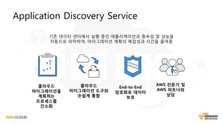Application Discovery Service
AWS 전문가 및
AWS 파트너와
상담
End-to-End
암호화로 데이터
보호
클라우드
마이그레이션을
계획하는
프로세스를
간소화
클라우드
마이그레이션 도구와
손쉽게 통합
기존 데이터 센터에서 실행 중인 애플리케이션과 종속성 및 성능을
자동으로 파악하여, 마이그레이션 계획의 복잡성과 시간을 줄여줌
 