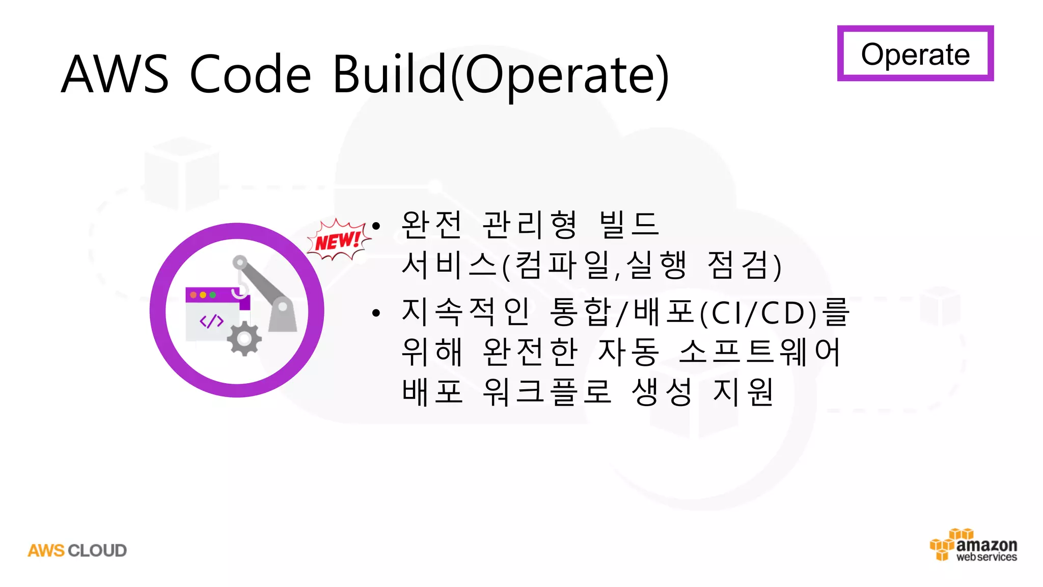 • 완전 관리형 빌드
서비스(컴파일,실행 점검)
• 지속적인 통합/배포(CI/CD)를
위해 완전한 자동 소프트웨어
배포 워크플로 생성 지원
AWS Code Build(Operate)
Operate
 