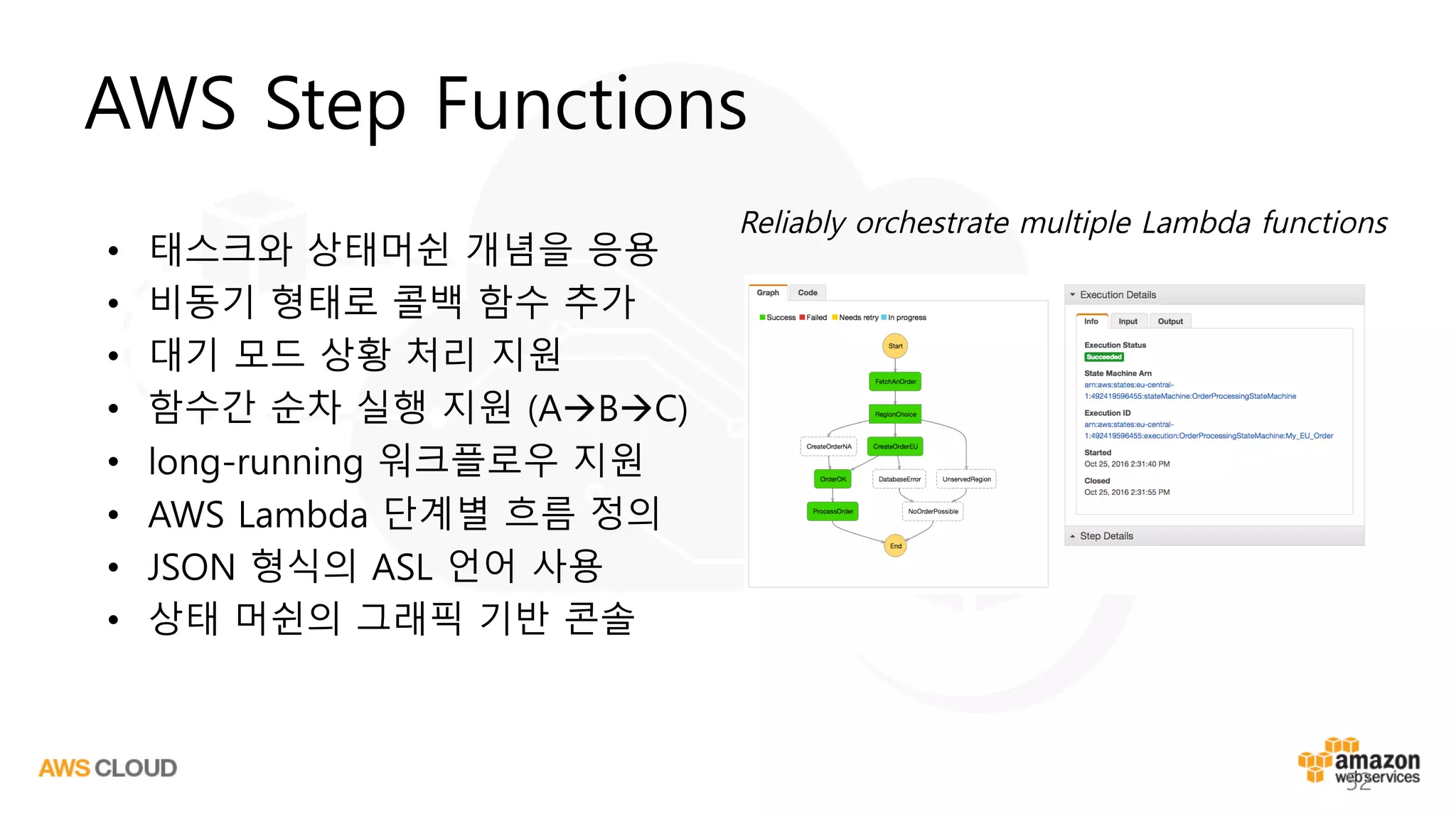 AWS Step Functions
52
• 태스크와 상태머쉰 개념을 응용
• 비동기 형태로 콜백 함수 추가
• 대기 모드 상황 처리 지원
• 함수간 순차 실행 지원 (AàBàC)
• long-running 워크플로우 지원
• AWS Lambda 단계별 흐름 정의
• JSON 형식의 ASL 언어 사용
• 상태 머쉰의 그래픽 기반 콘솔
Reliably orchestrate multiple Lambda functions
 