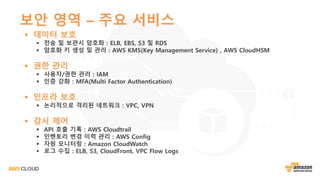 보안 영역 – 주요 서비스
§ 데이터 보호
§ 전송 및 보관시 암호화 : ELB, EBS, S3 및 RDS
§ 암호화 키 생성 및 관리 : AWS KMS(Key Management Service) , AWS CloudHSM
§ 권한 관리
§ 사용자/권한 관리 : IAM
§ 인증 강화 : MFA(Multi Factor Authentication)
§ 인프라 보호
§ 논리적으로 격리된 네트워크 : VPC, VPN
§ 감시 제어
§ API 호출 기록 : AWS Cloudtrail
§ 인벤토리 변경 이력 관리 : AWS Config
§ 자원 모니터링 : Amazon CloudWatch
§ 로그 수집 : ELB, S3, CloudFront, VPC Flow Logs
 