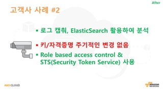 고객사 사례 #2
§ 로그 캡춰, ElasticSearch 활용하여 분석
§ 키/자격증명 주기적인 변경 없음
§ Role based access control &
STS(Security Token Service) 사용
After
 